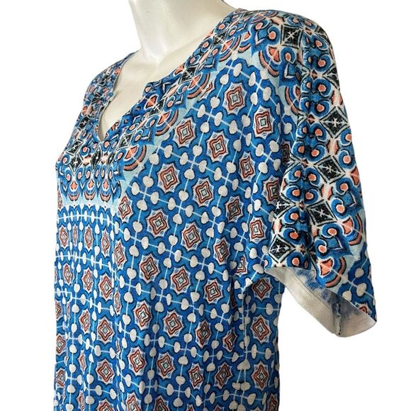 CHICO'S Blue Orange Knit V-Neck Short Sleeve Ramie & Rayon Blend Thin Sweater 1 - Picture 3 of 16